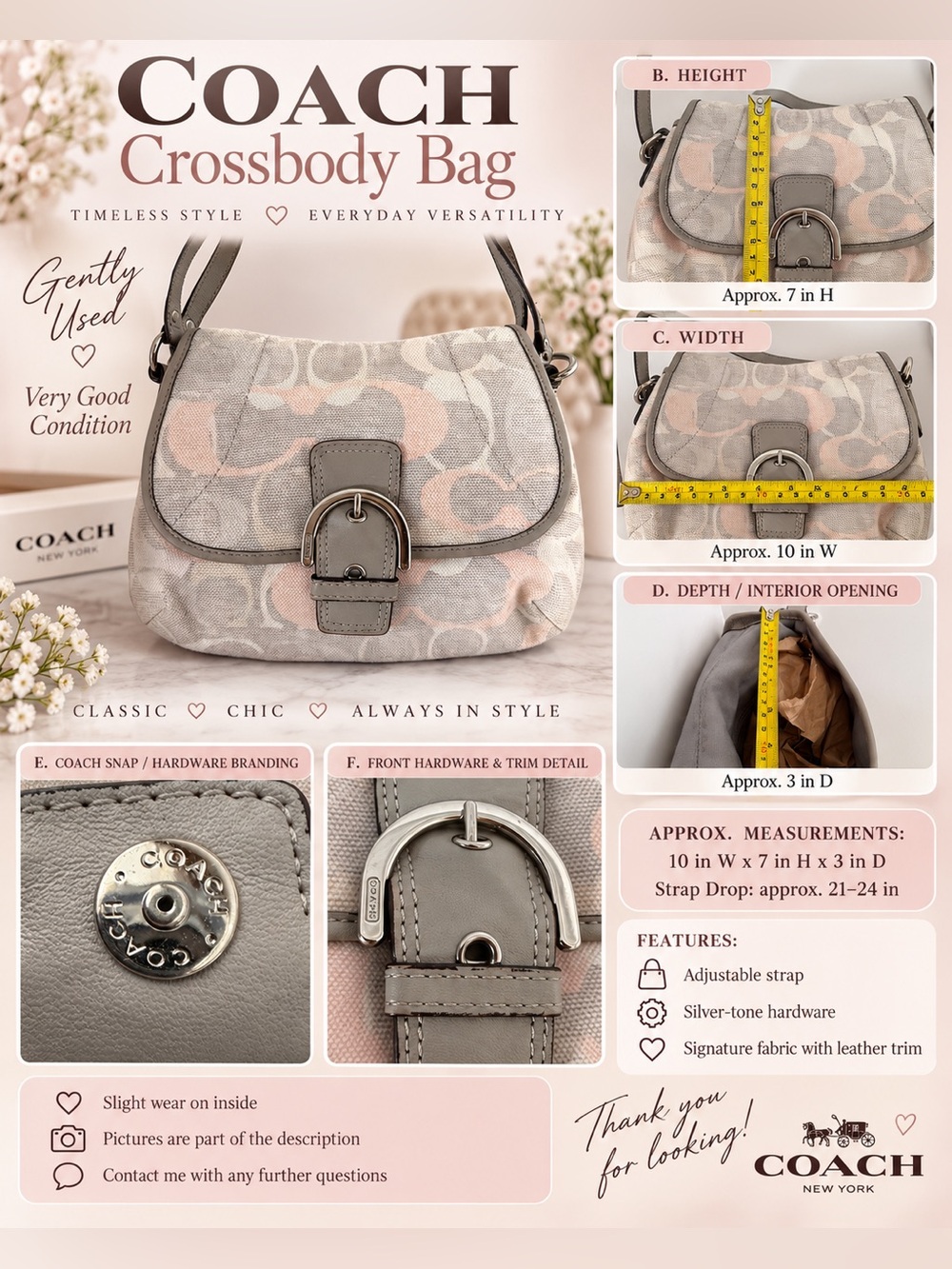 Coach Signature Crossbody Bag Gray Blush Pink | Adjustable Strap | Gently Used